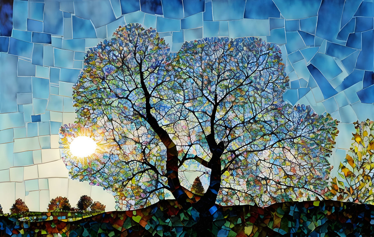 Colorful mosaic artwork of a tree under a sunset sky