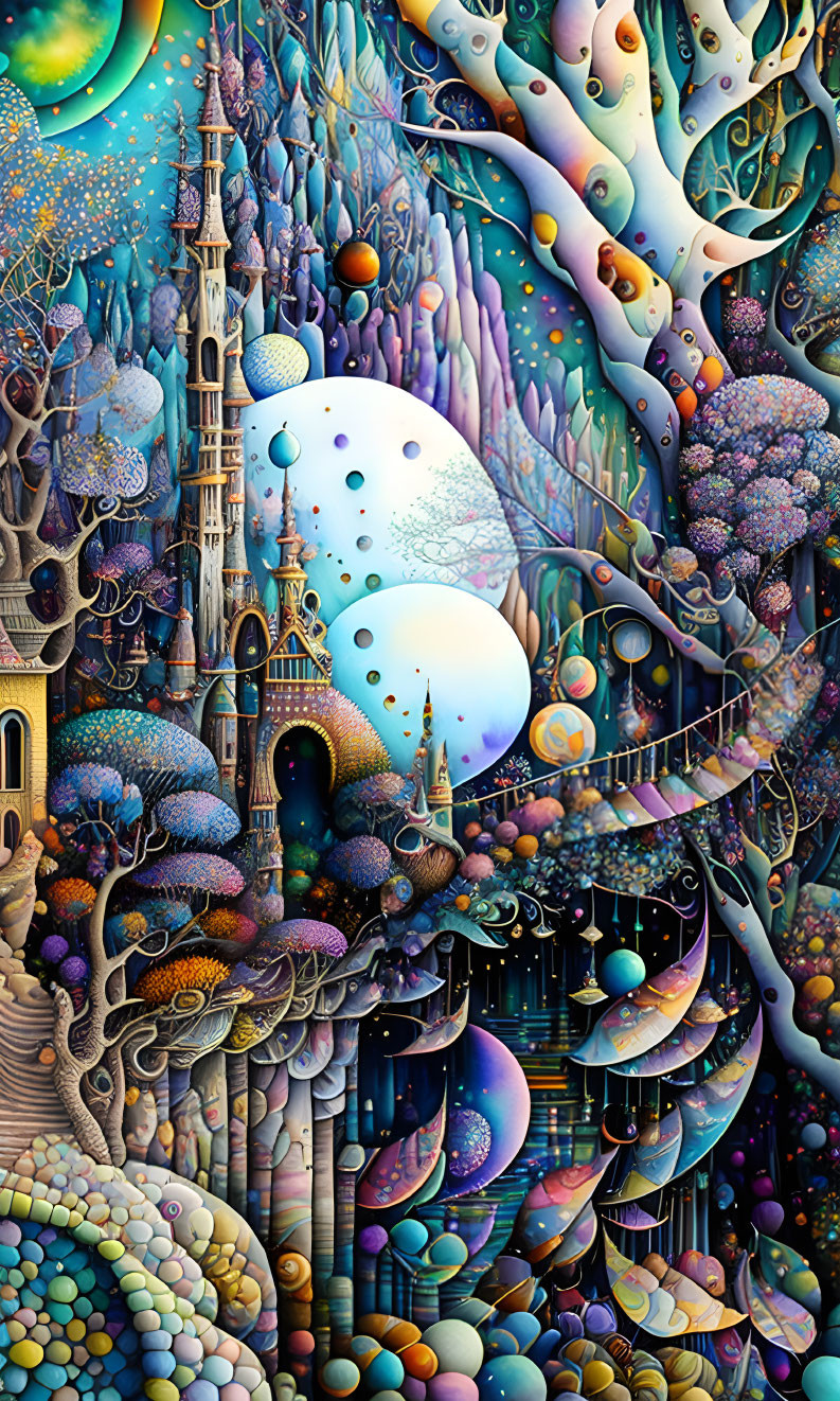 Colorful painting with celestial, organic, and architectural elements