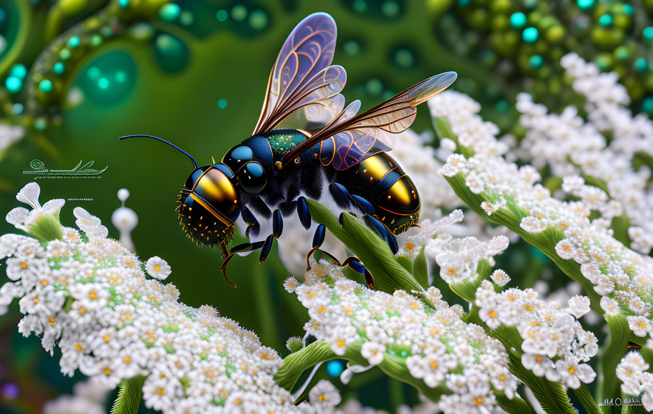 Hyper-realistic digitally enhanced bee on white flowers with blue and orange colors.