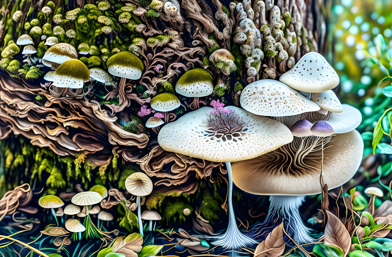 Detailed illustration of vibrant mushrooms and moss on tree stump