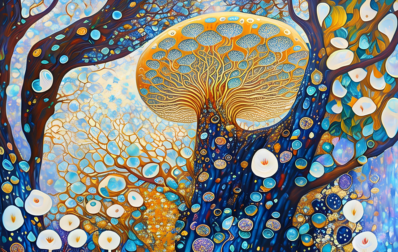 Colorful painting of stylized trees under a patterned sun with floating orbs