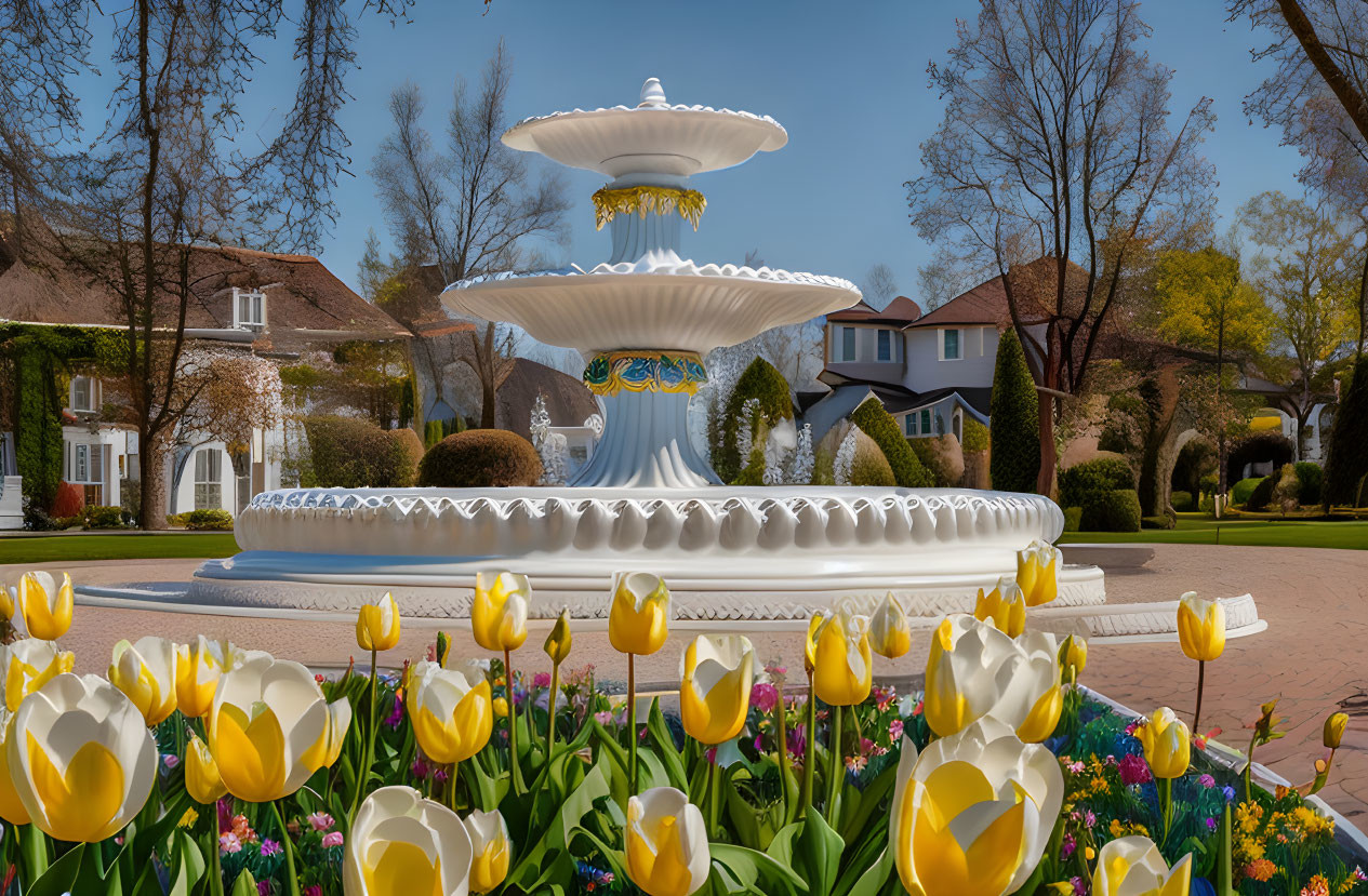 Colorful tulips surround large white multi-tiered fountain under clear blue sky