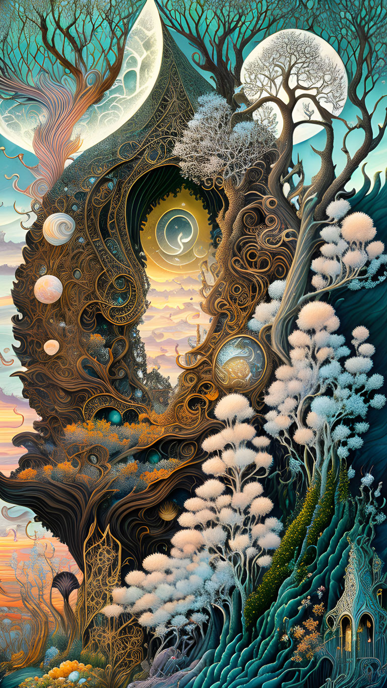 Intricate Swirling Tree Formation in Surreal Landscape