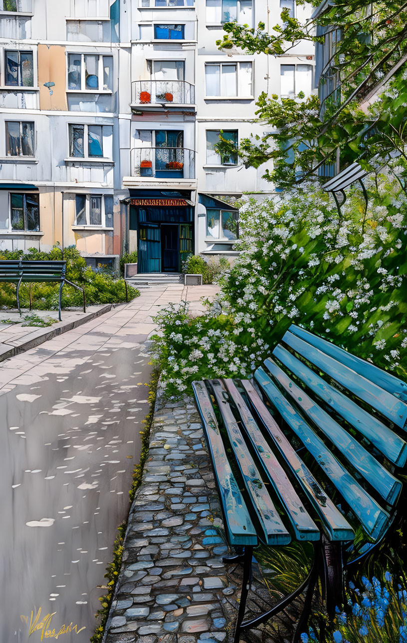 Blue Bench on Cobblestone Path with White Flowers and Building Background