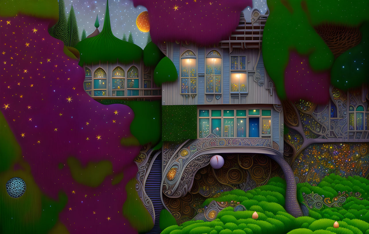 Whimsical night scene with fantastical house, starry trees, bridge, and glowing orbs