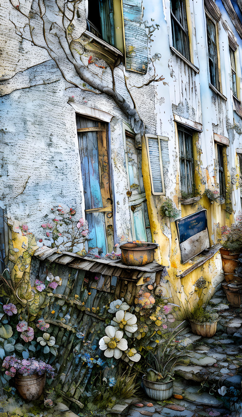 Weathered Blue and Yellow Building with Vines, Wooden Doors, and Cobblestone Path