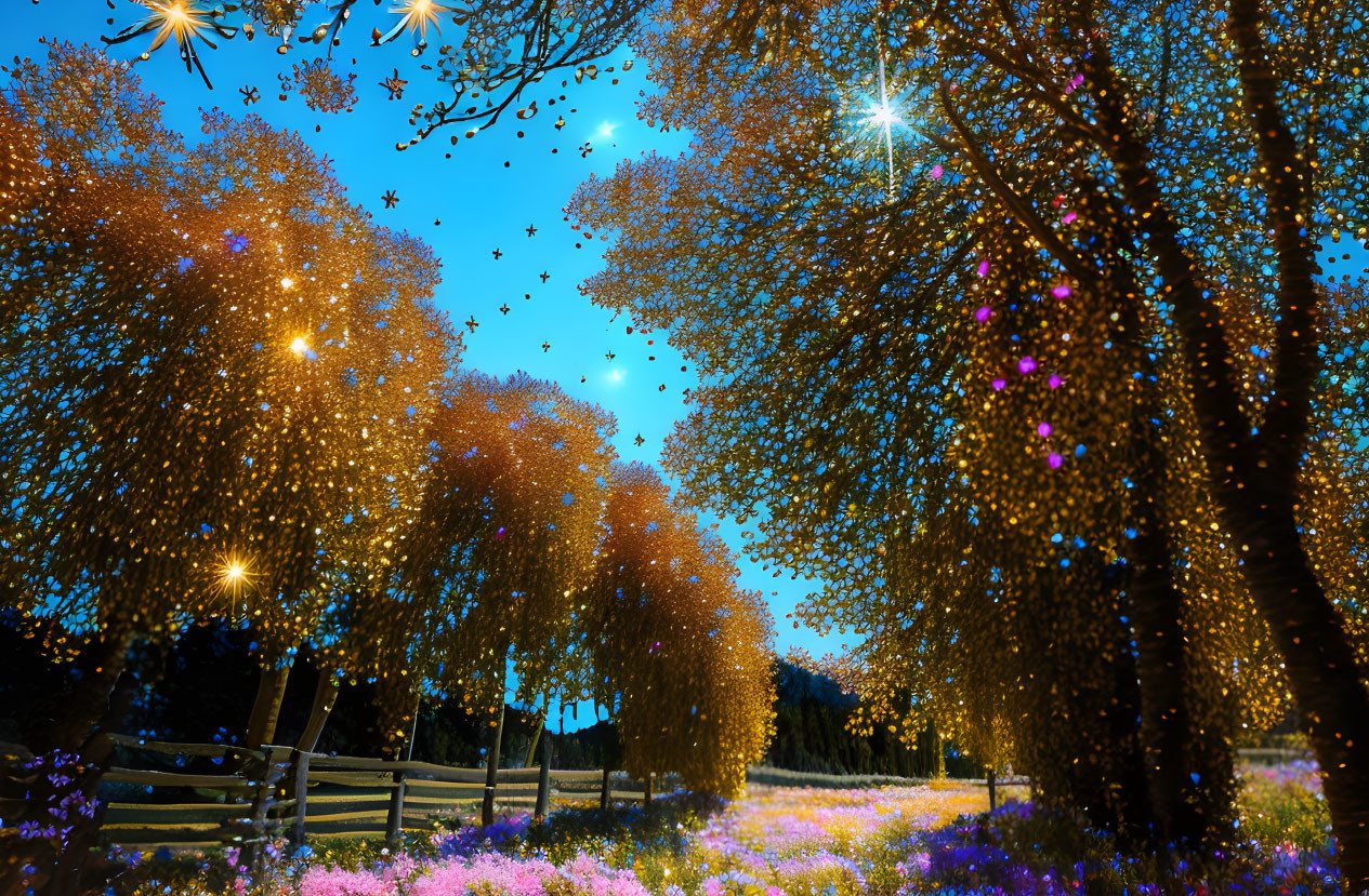 Enchanting Nighttime Scene with Twinkling Lights and Purple Flowers