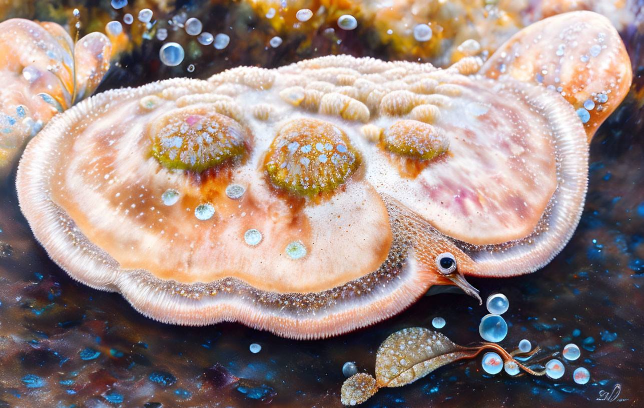 Vibrant sea anemone with intricate patterns and bubbles on wet surface