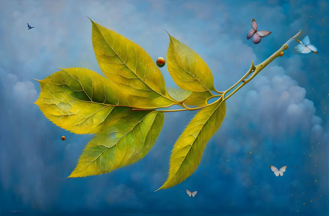 Branch with green leaves, berries, butterflies, and dragonfly on blue background