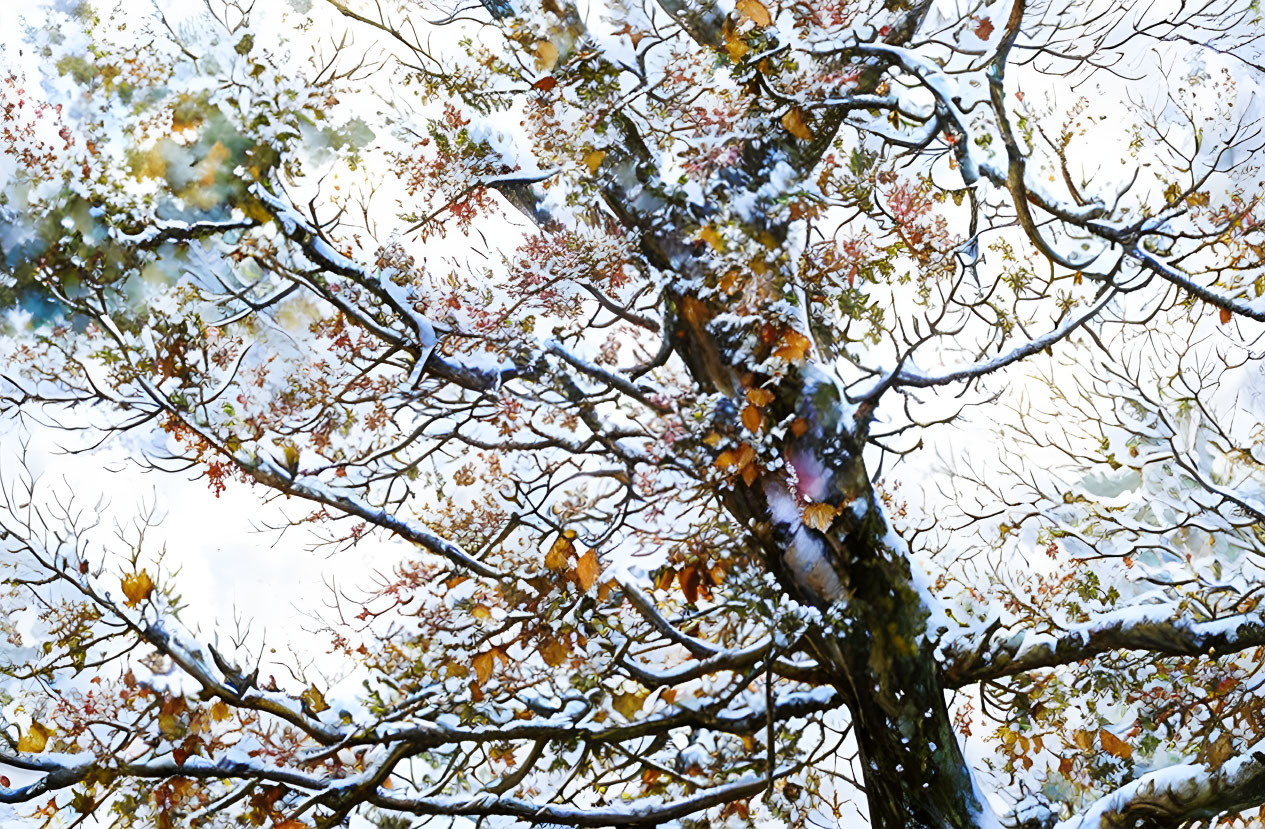 Seasonal Transition: Tree with Autumn Leaves and Winter Snow