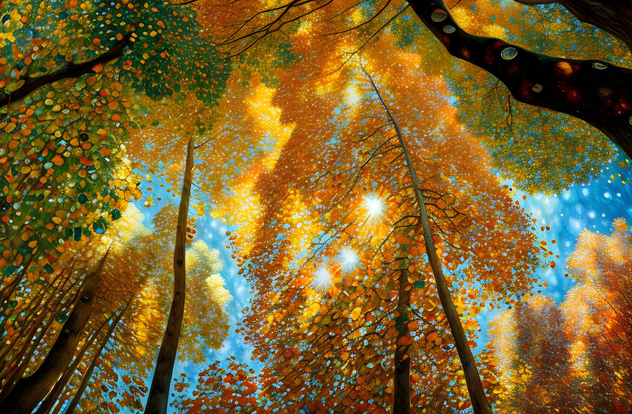 Vibrant autumn canopy with orange and yellow leaves under sunlight