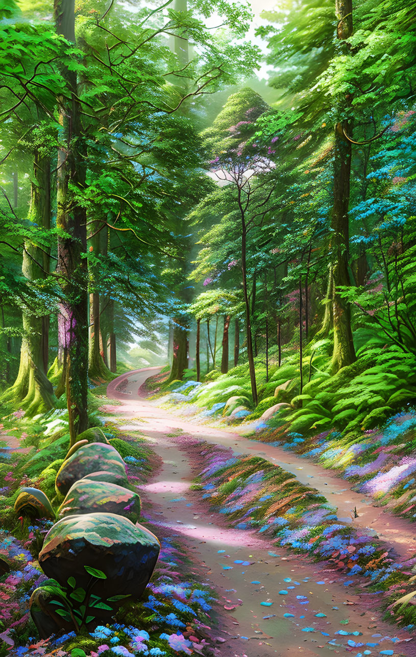 Lush Green Forest Path with Colorful Flowers and Sunlight