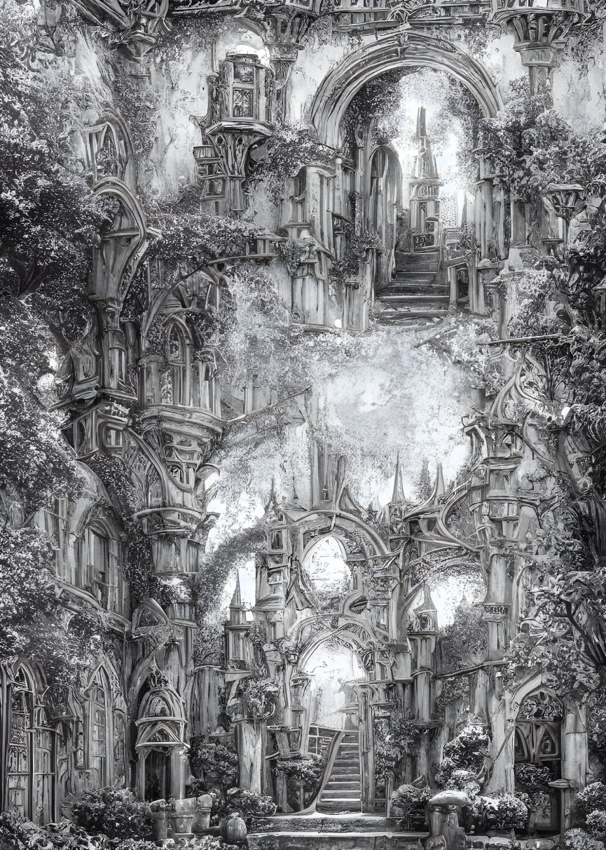 Detailed monochrome fantasy architecture with arches, stairways, ornate windows, and overgrown foliage