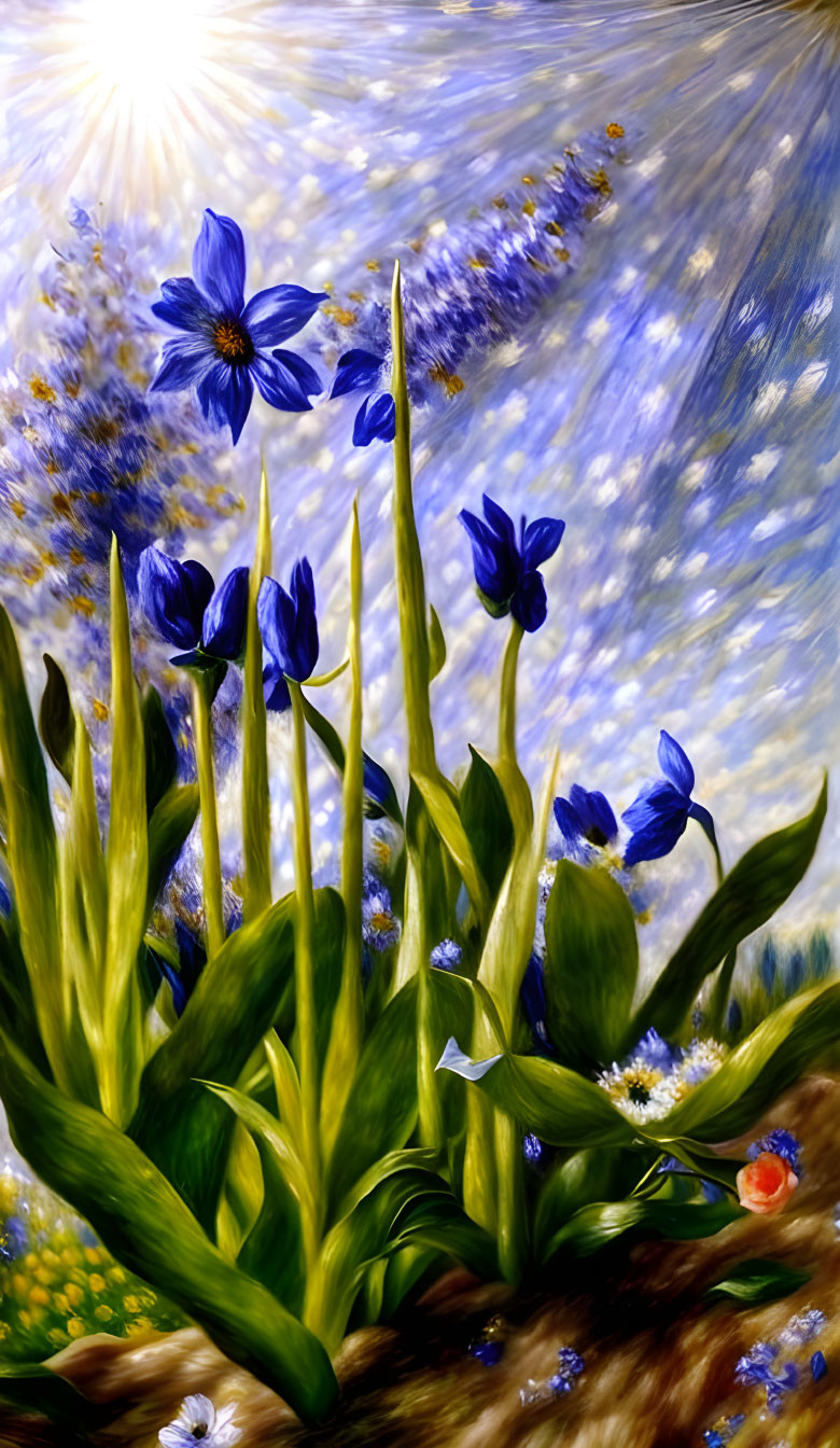 Vibrant Blue Flowers and Green Leaves in Sunlight Painting