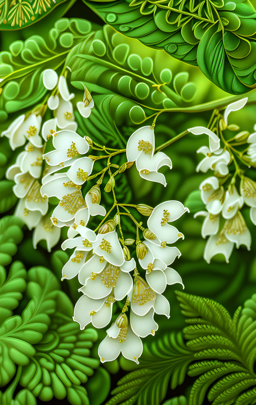 Detailed digital artwork of white flowering plants against lush green foliage