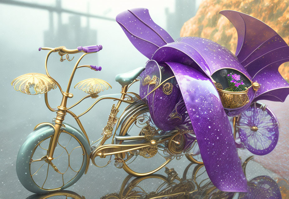 Steampunk-inspired bicycle with purple bulb and dragonfly wings