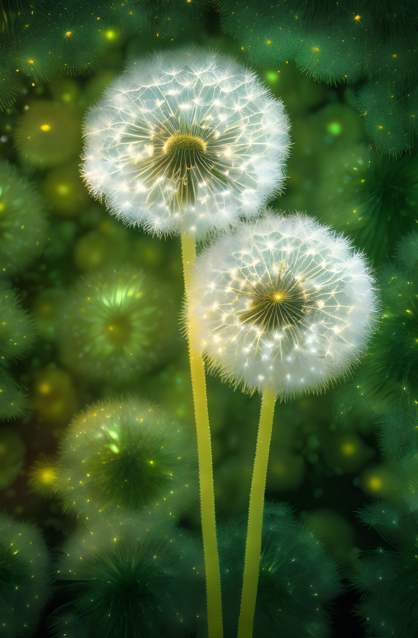 Dandelion seed heads glowing in dark background