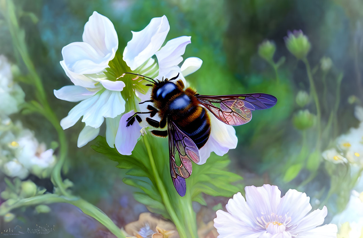 Translucent-winged bee on white flower petals in soft-focus background