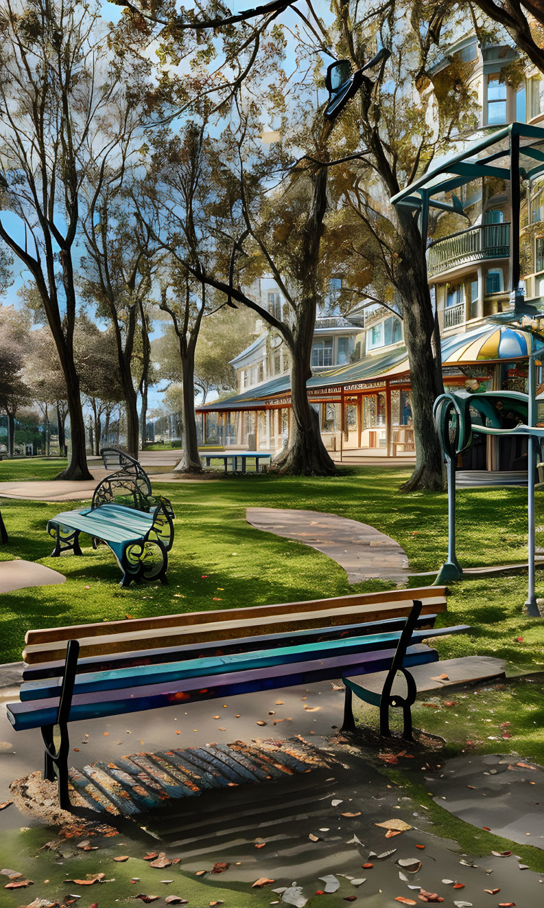 Tranquil park setting with benches, fallen leaves, playground, trees, and Victorian-style building.