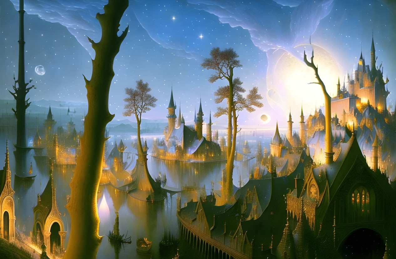 Fantasy landscape with luminous starry sky, medieval castles, reflective water.