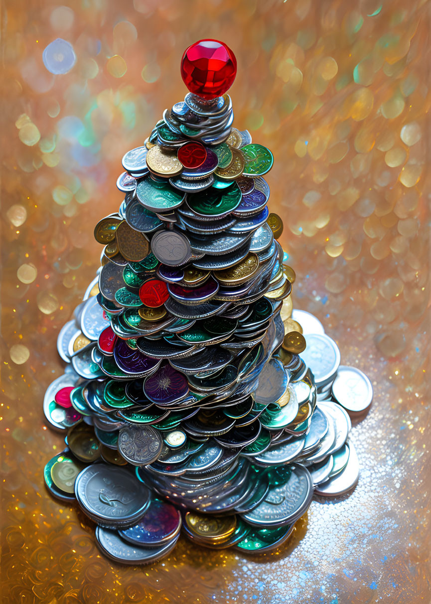 Unique Christmas tree made of stacked coins with red orb on top, set against bokeh background