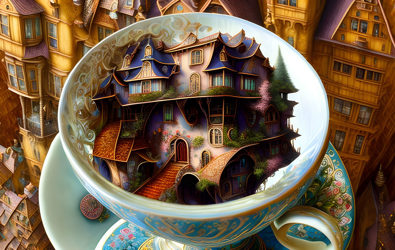 Fantasy house with blue roofs in ornate teacup amidst whimsical architecture