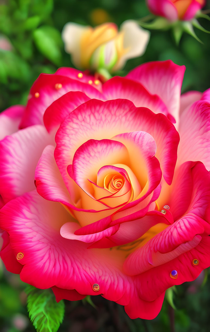 Pink and Yellow Rose with Raindrops on Petals on Green Floral Background