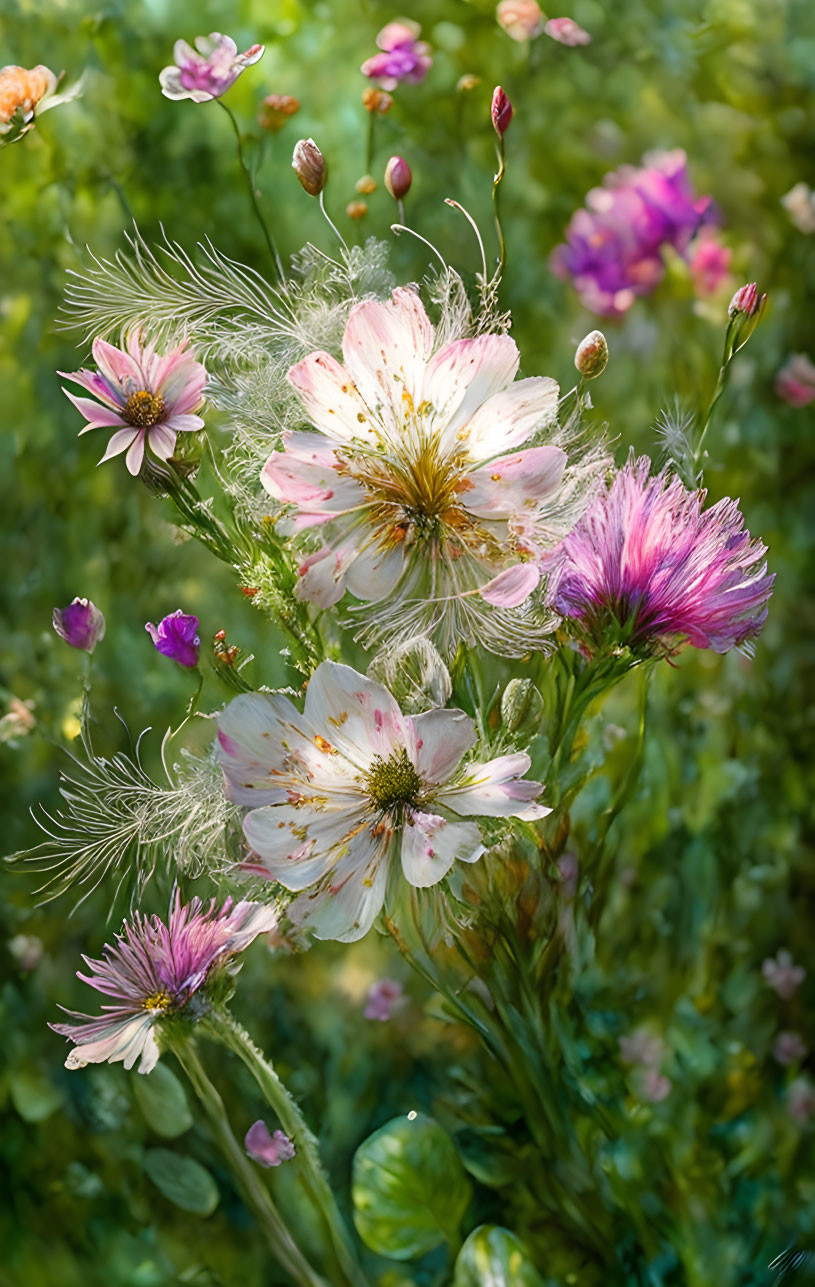 Vibrant garden flowers with delicate petals and green foliage in soft light