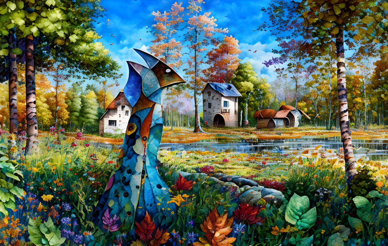 Colorful Bird Sculpture in Vibrant Landscape with Flowers and Pond