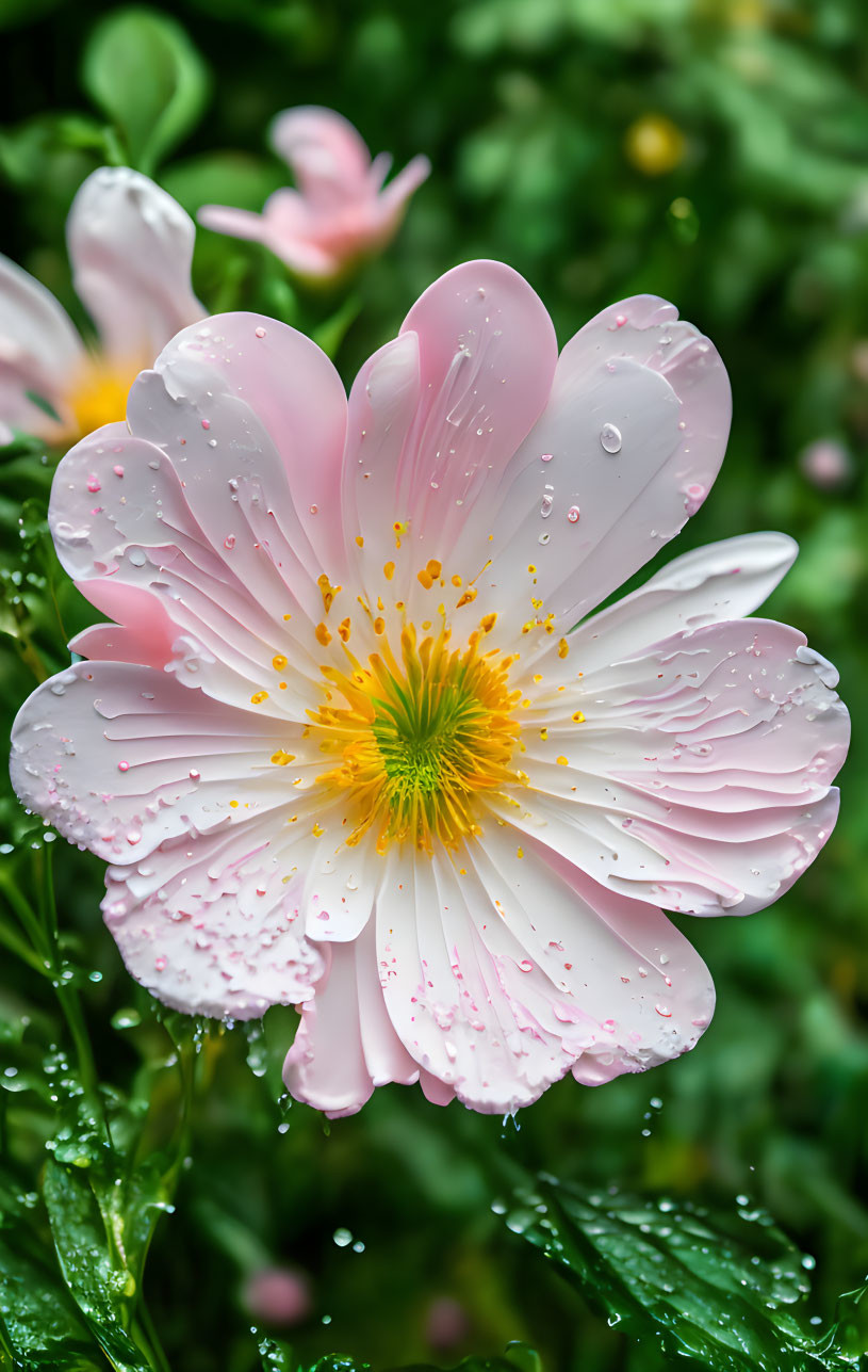 Pale Pink Flower with Yellow Center and Water Droplets on Petals