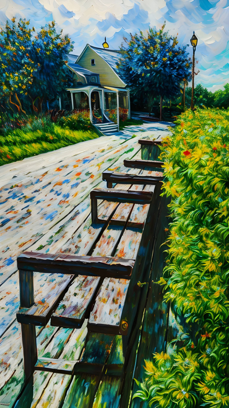 Scenic painting of pathway, benches, greenery, and house under blue sky