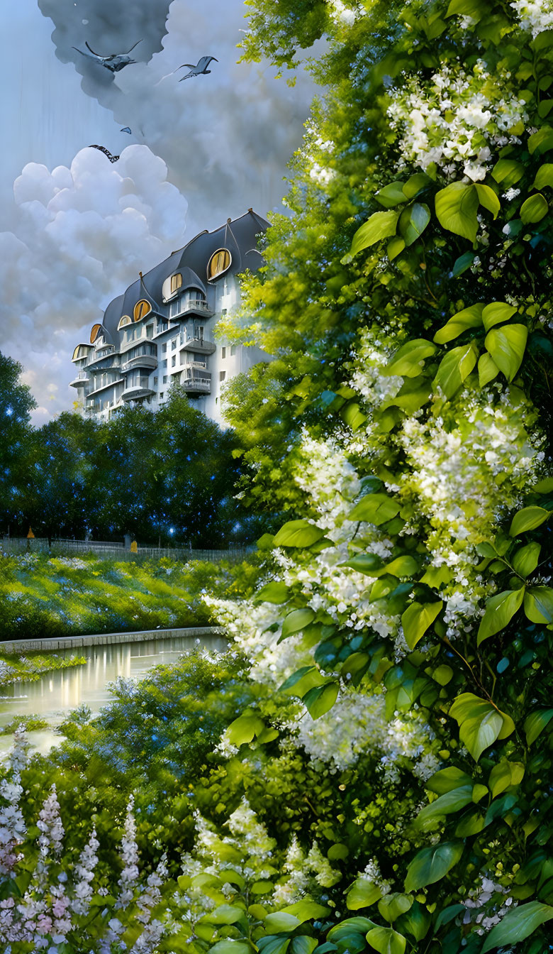 Tranquil lake scene with blooming hedgerow and elegant building