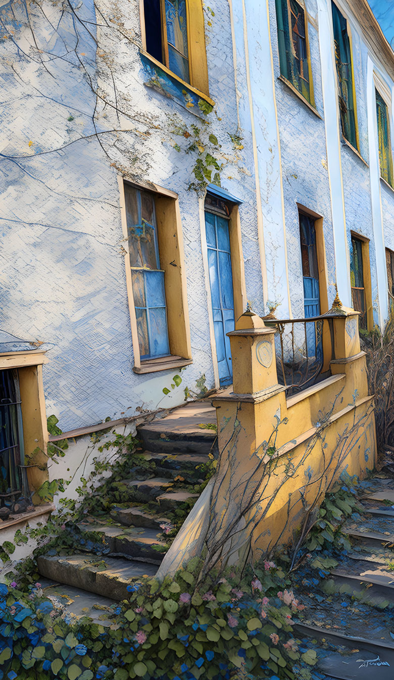 Weathered building with peeling blue paint, yellow windows, stone staircase, balcony.