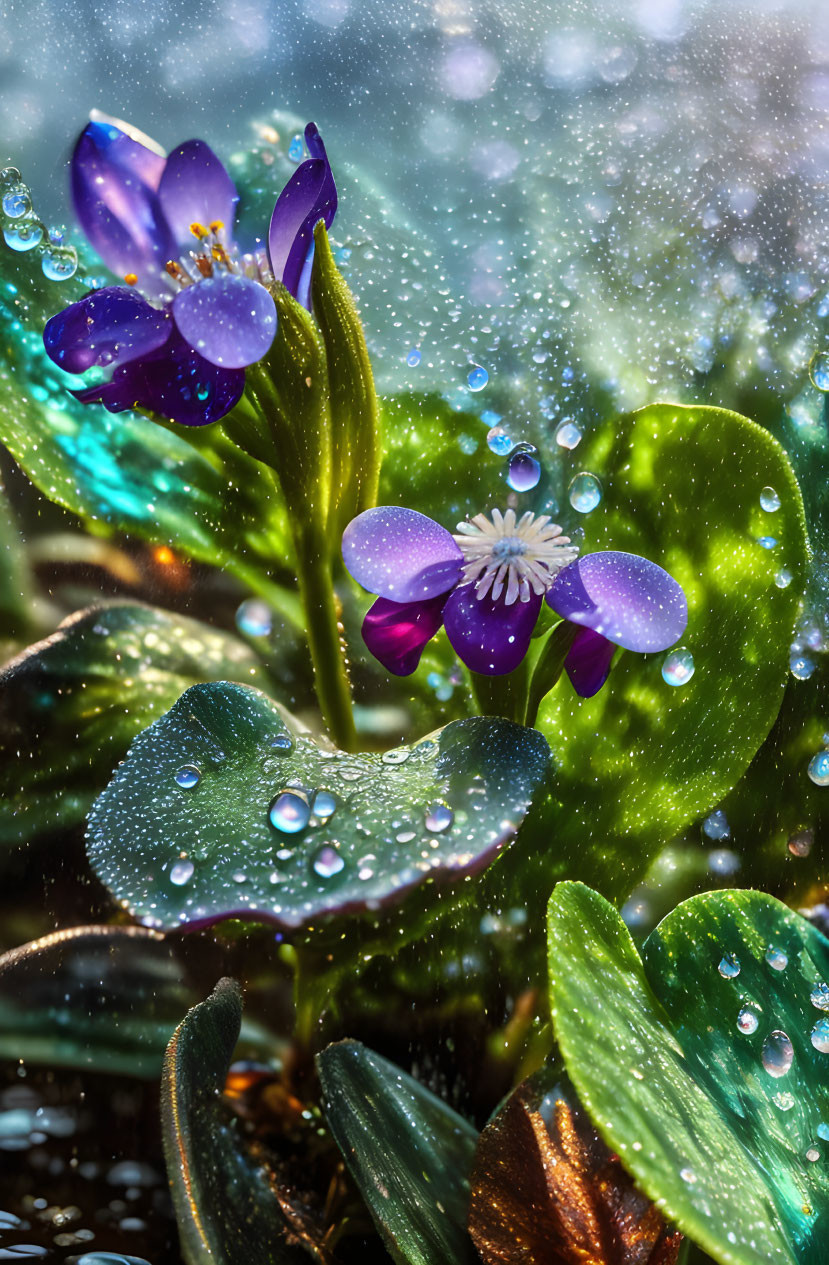 Purple Flowers with Dew Drops in Misty Setting