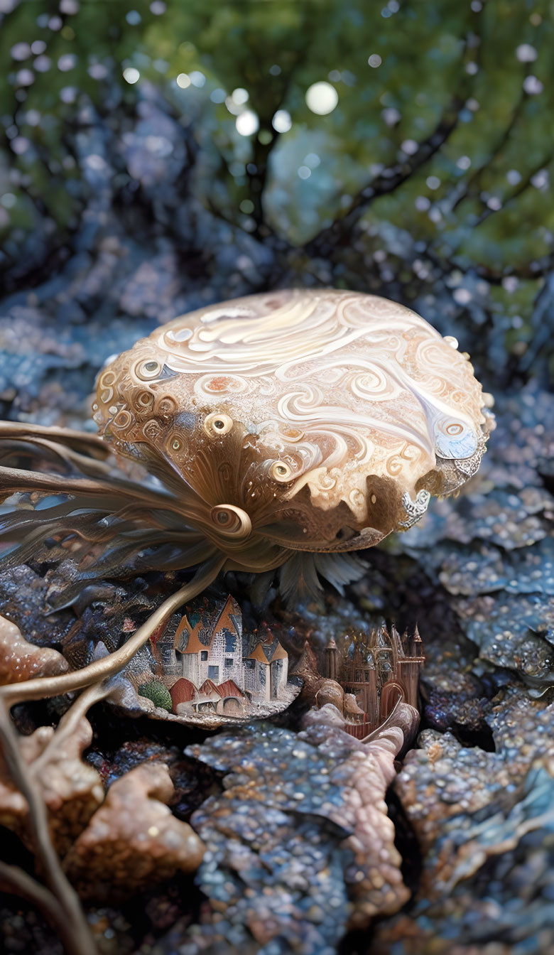 Fantasy landscape with ornate mushroom and tiny castle nestled among rocks.