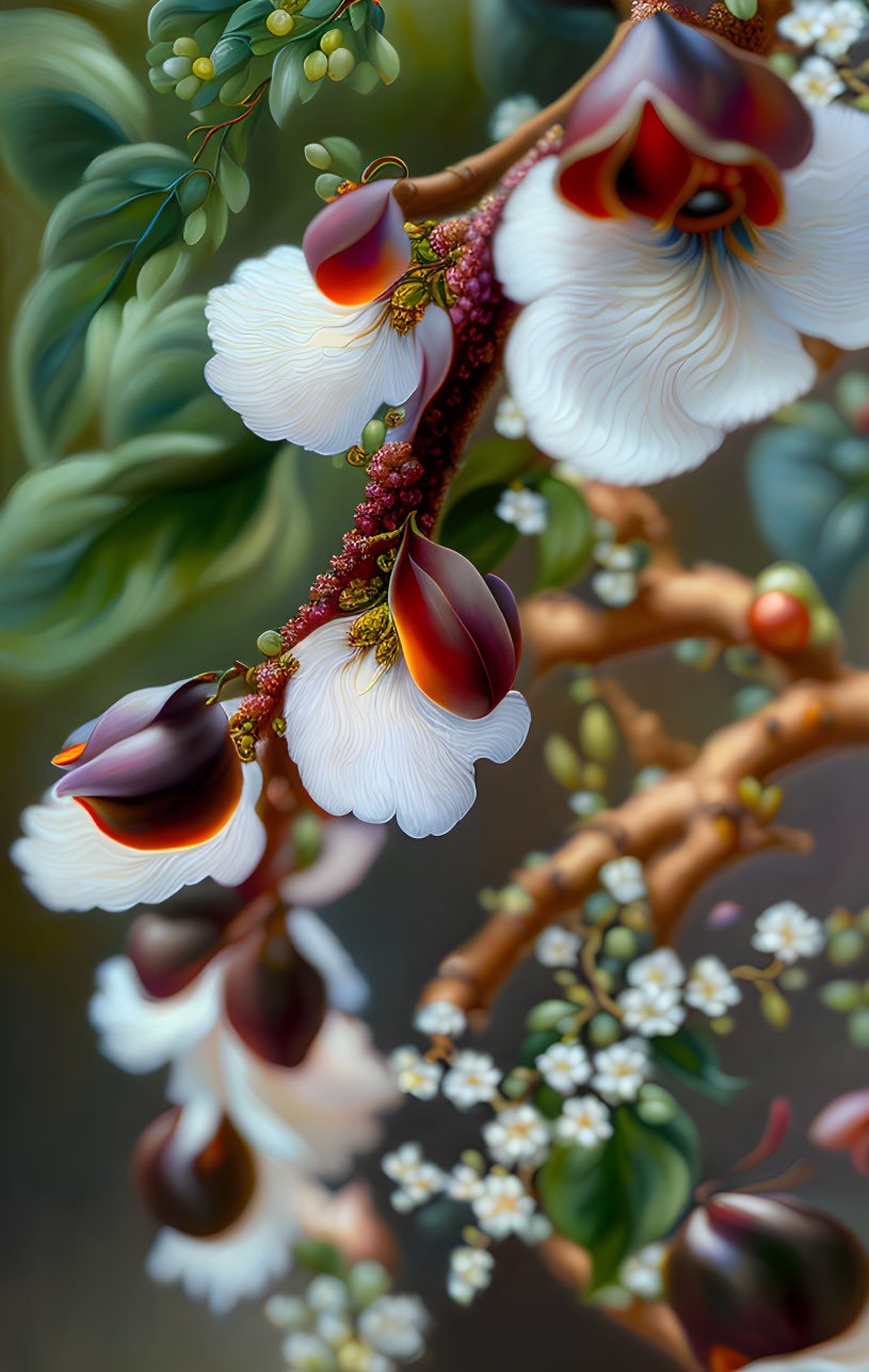 Detailed Illustration of White Flowers with Dark Centers on Branch with Green Leaves