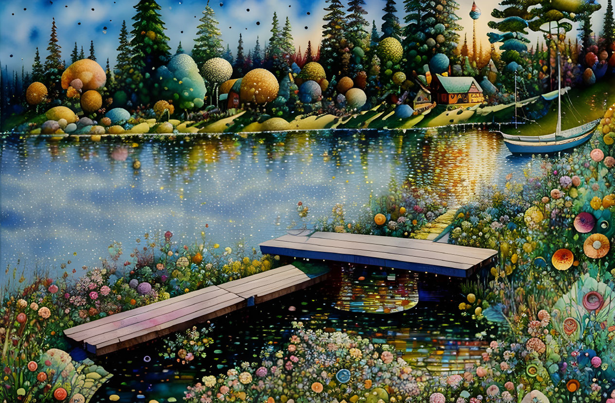 Colorful Lakeside Painting with Dock, Flora, Sailboat & Starry Sky