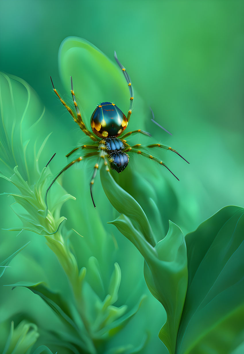 Iridescent Spider on Dewy Green Foliage