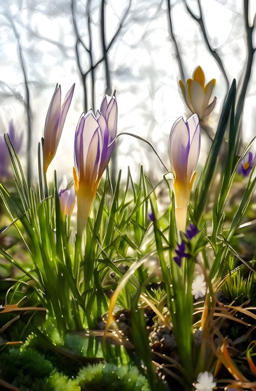 Purple and White Crocuses Blooming in Greenery with Sunlight Filtering Through Trees