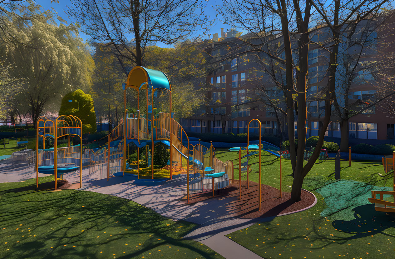 Empty Sunny Playground with Colorful Equipment and Green Trees