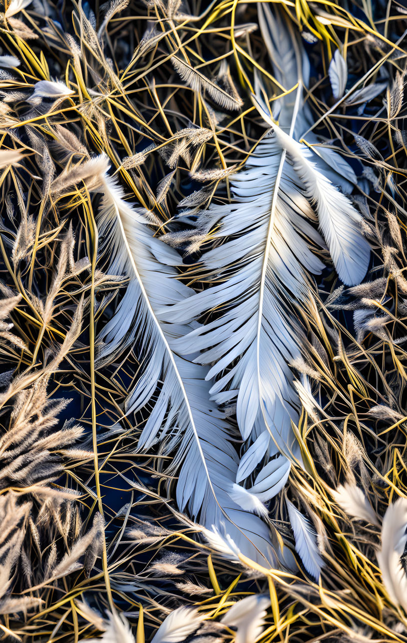 Feathers intertwined with dried grass under natural light