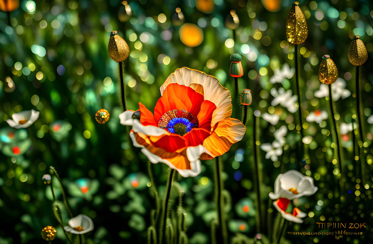 Red Poppy Stands Out Among White Flowers in Green Bokeh