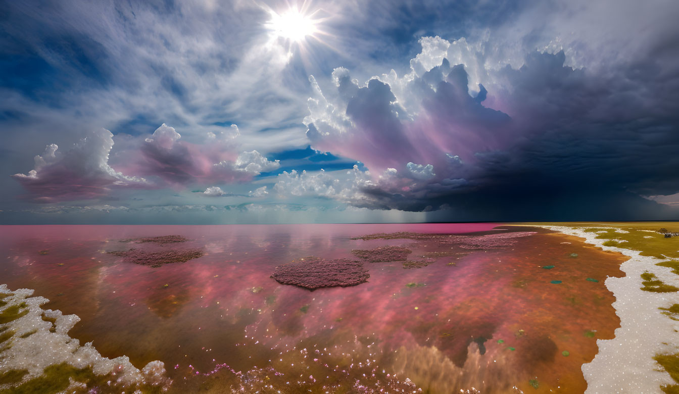 Vibrant pink salt lake under dramatic sky with sunlight reflections