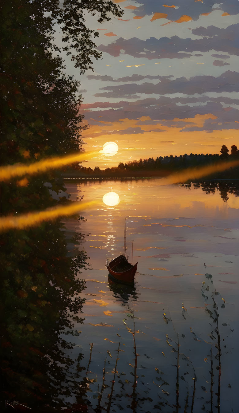 Tranquil sunset over calm lake with solitary boat - serene scene