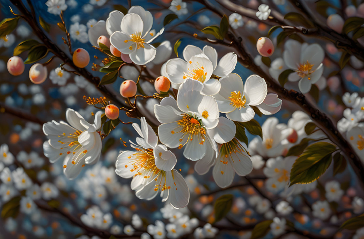 White Cherry Blossoms with Yellow Centers and Buds on Blue Sky Background