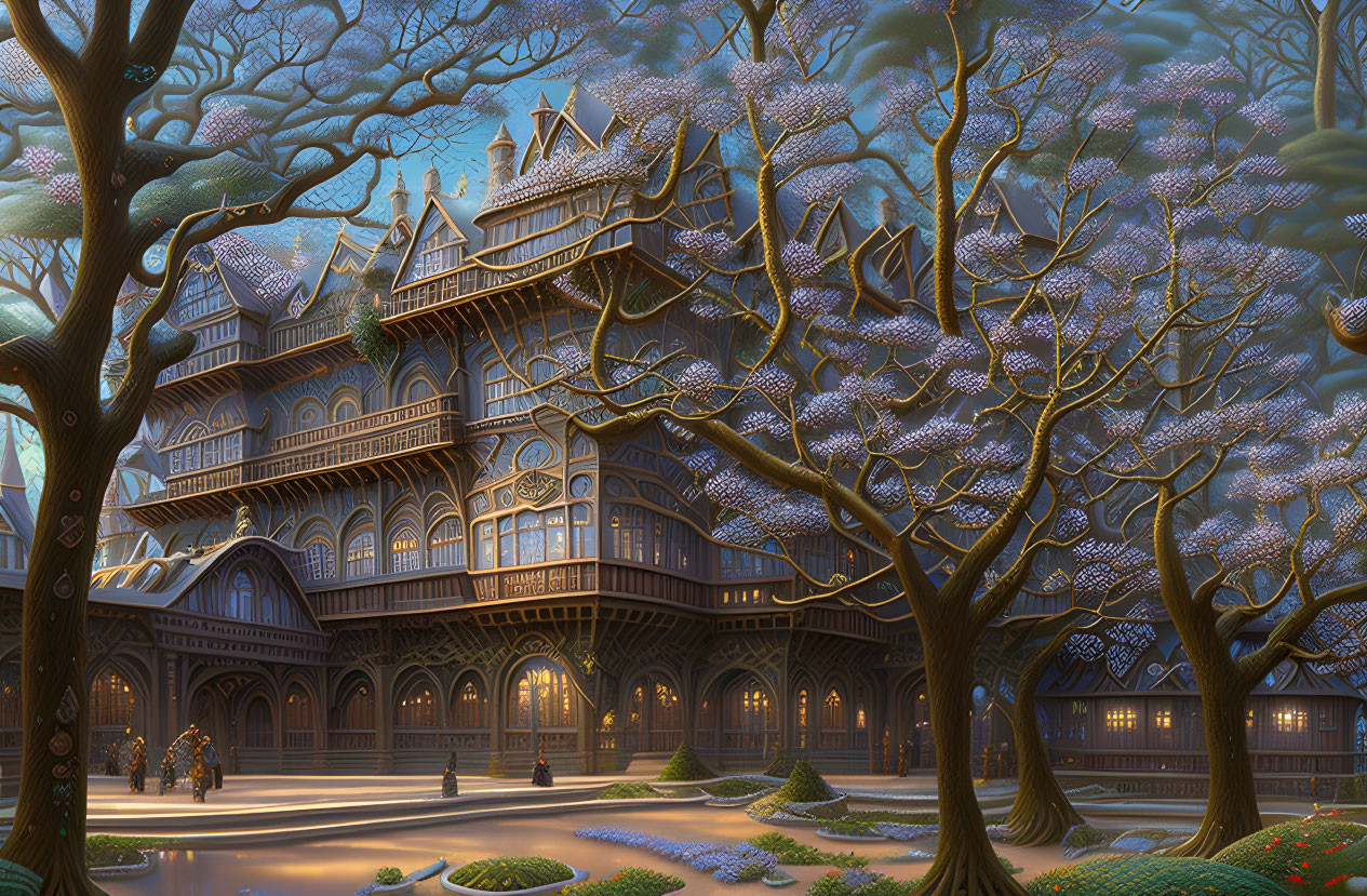 Victorian-style mansion in mystical forest with glowing blue flora and twisted trees at dusk