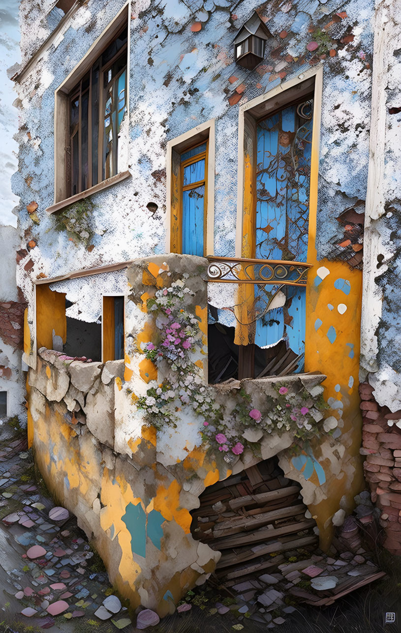 Weathered building with peeling blue and yellow paint and a balcony with flowers.