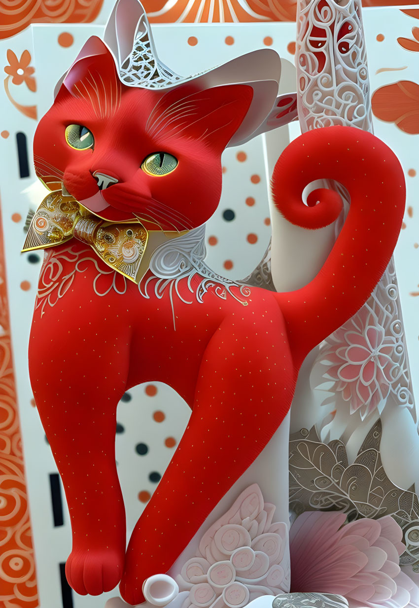 Red Stylized Cat Figurine with Floral Patterns on Orange Background