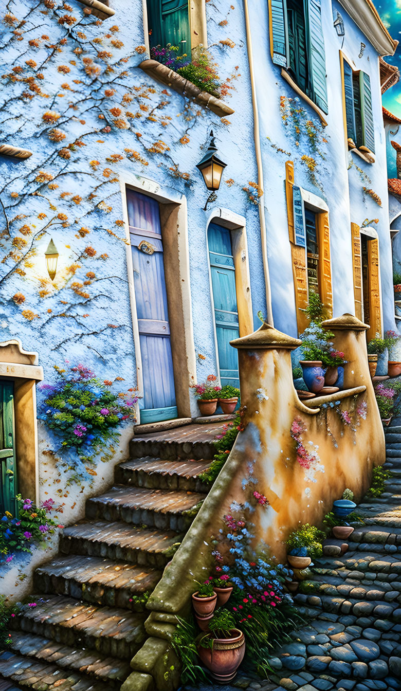 Picturesque cobblestone street with blue-doored homes and floral decor.