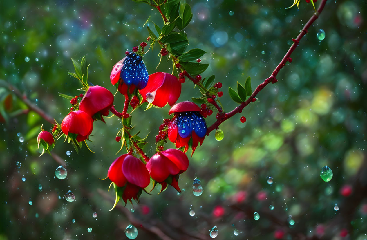 Red Flowers with Blue-Speckled Buds and Dewdrops on Green Leaves